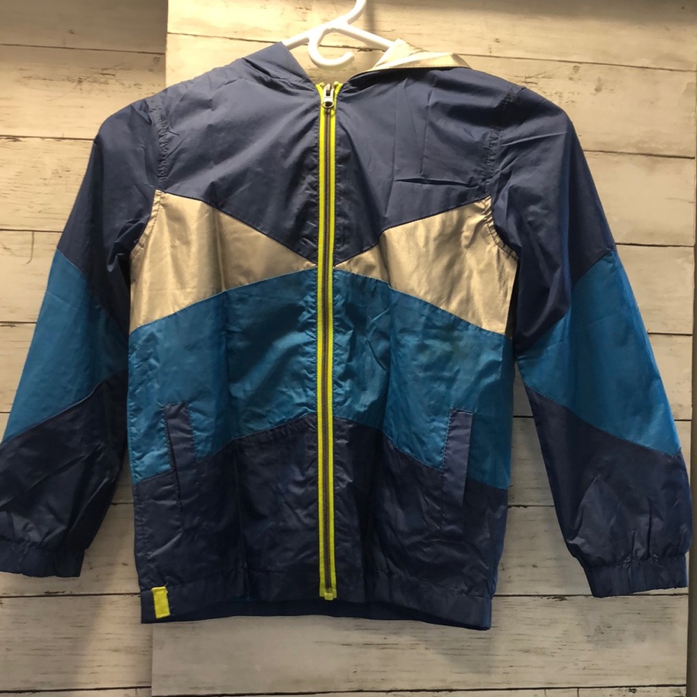 Boys Girls windbreaker jacket, blues & silver, zip up + hood